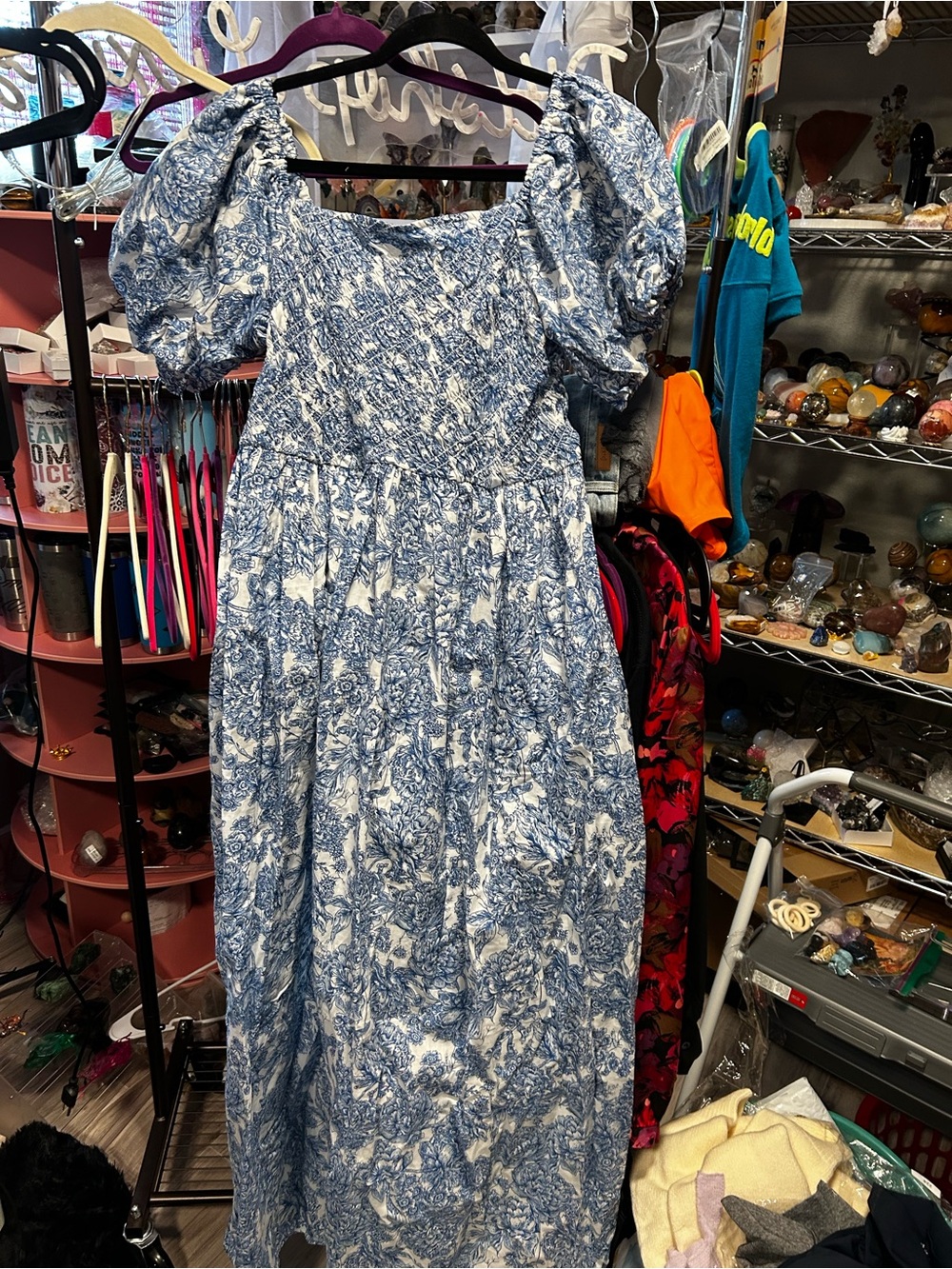 Blue and White Off Shoulder Floral Puff Sleeve Maxi Dress